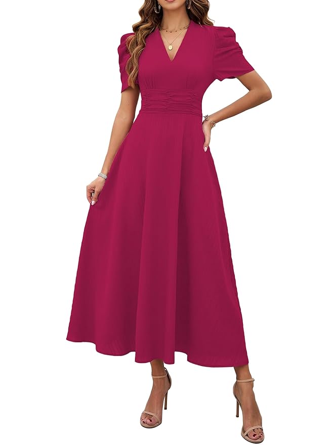 Shasmi Girl's & Women's Solid Color V-Neck A-Line Maxi Dress for Women | New Year Party Outfit | Waist Cinched Puff Sleeve Western | Elegant Casual Wear (Dress 246)
