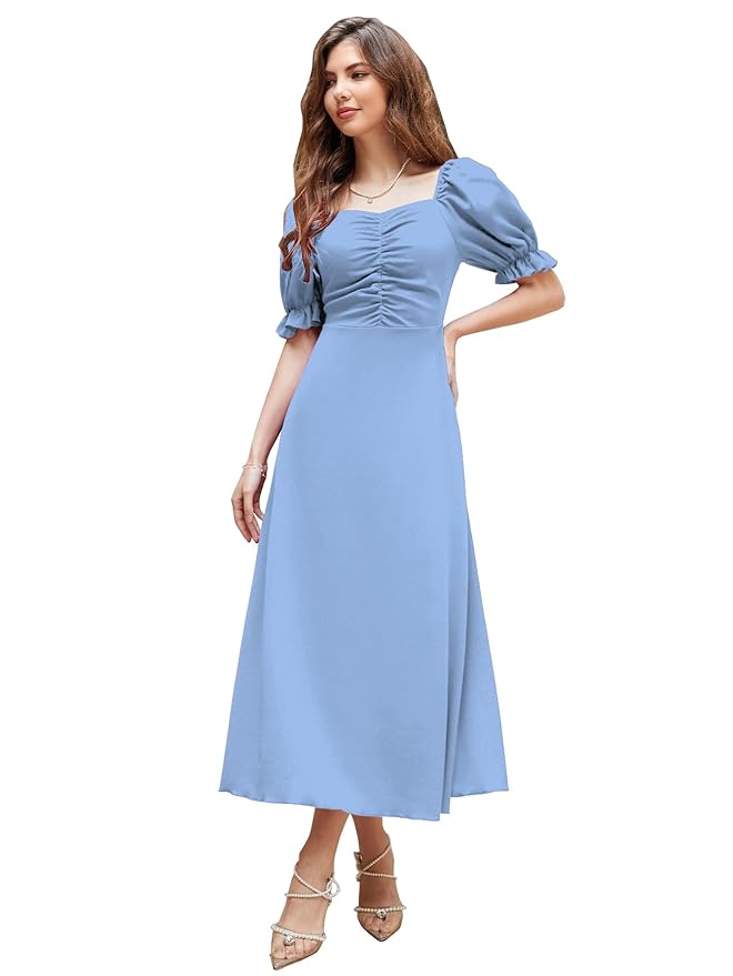 Shasmi Girl's & Women's Solid A-Line Ruched Puff Sleeve Maxi Long Evening One Piece Long Dress for Women Stylish (Dress 131)