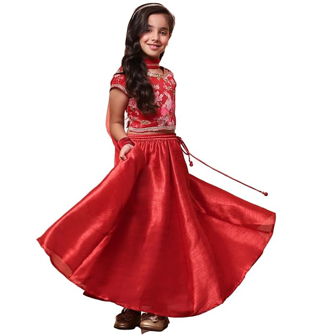 BIBA Girls Modal Readymade Floral Printed Flared Festive Lehenga Set