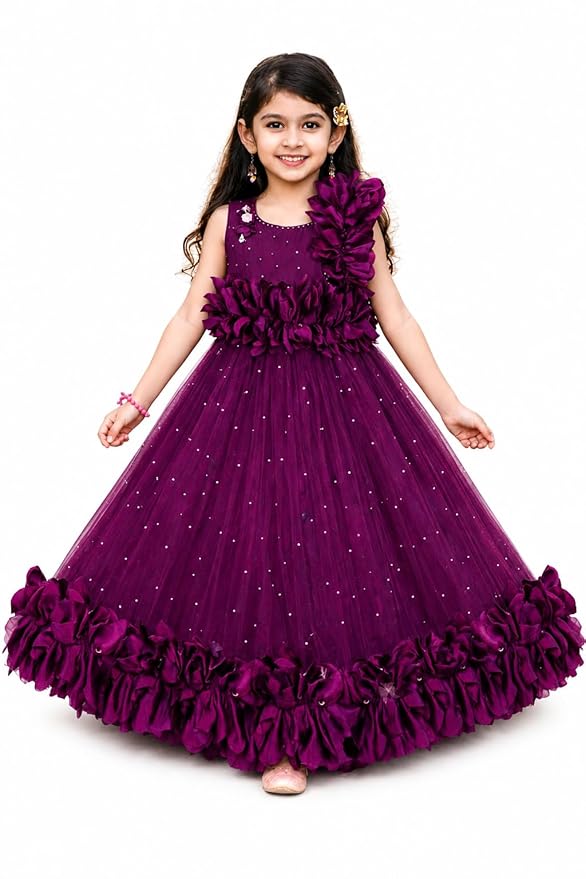 Girls Floral Embellished Gown | Designer Net Princess Dress for Kids.