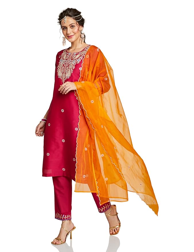 Amazon Brand - Myx Women's Embroidered Kurta Set with Organza Dupatta (Available in Plus Sizes)