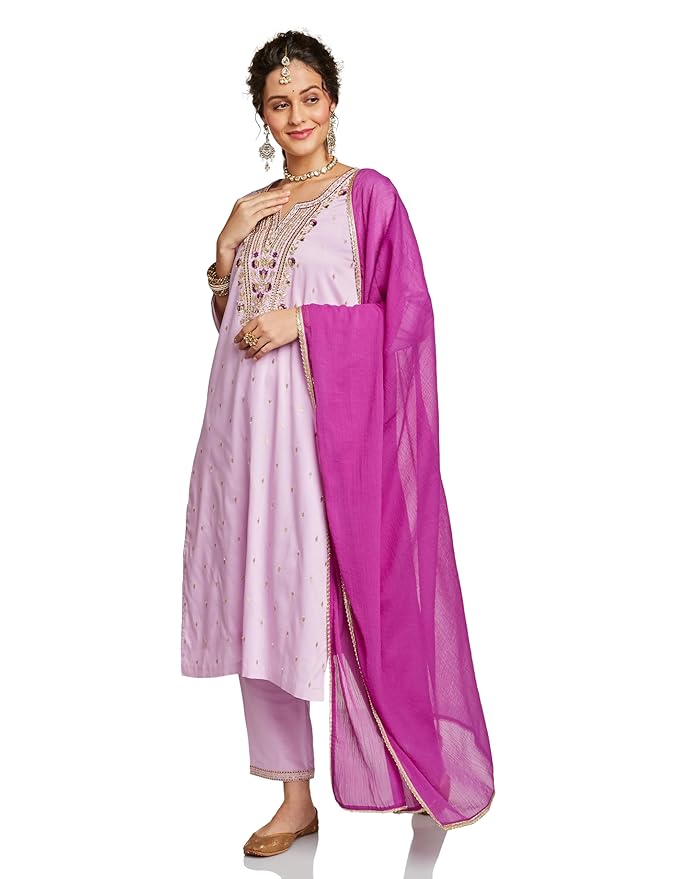 Amazon Brand - Myx Women's Embroidered Kurta Set with Chiffon Dupatta (Available in Plus Sizes)