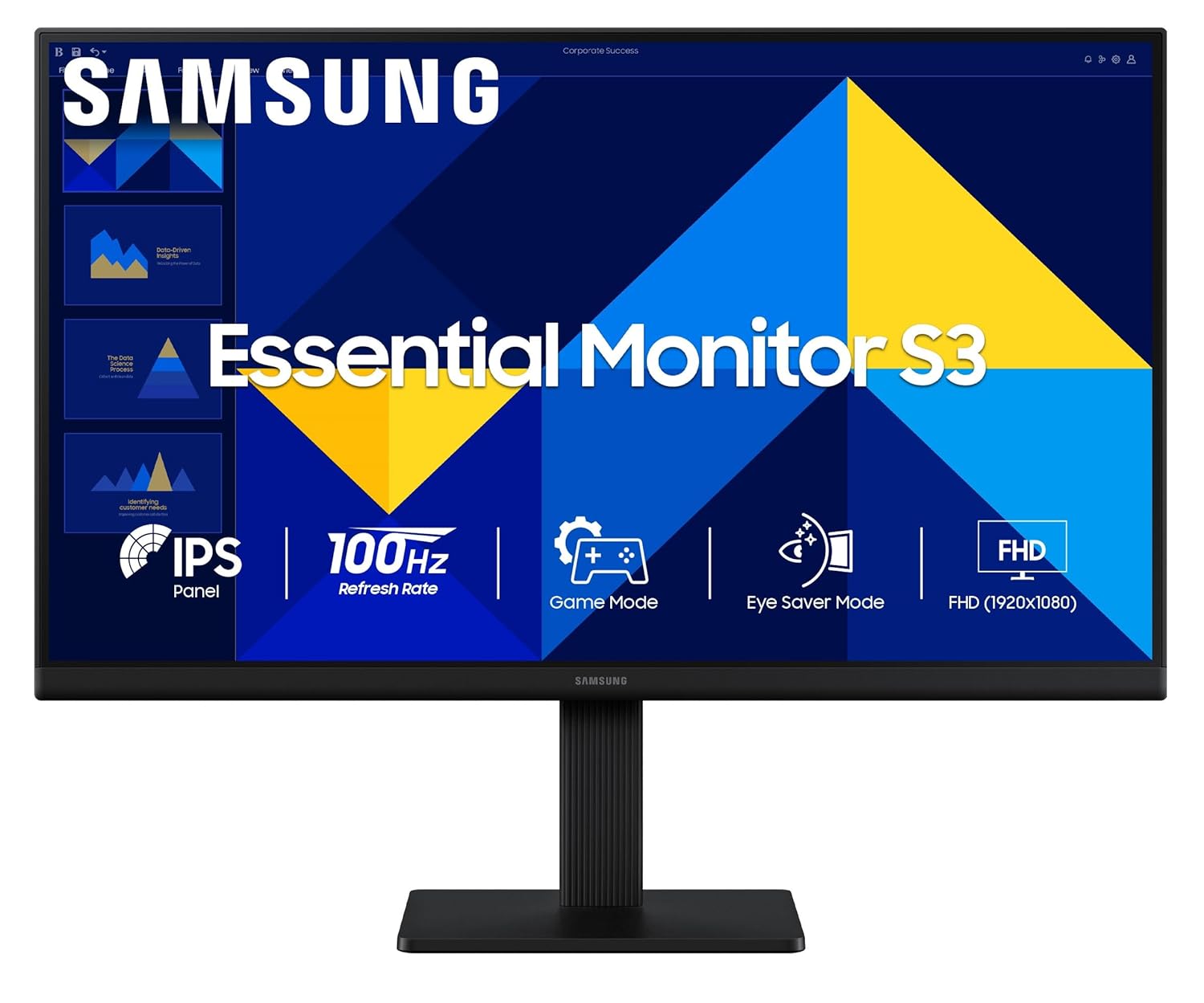 Samsung 27" (68.6 cm) S3 Flat Monitor|Super Slim Borderless Design|IPS Panel|FHD 1920 x 1080|100 Hz|5 ms|Ports-HDMI,VGA|Game Mode||Eye Saver Mode||Wall Mountable|LS27D300GAWXXL|Black