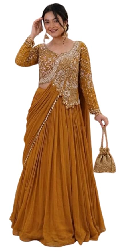 indo Western Crep Silk Lehenga Set with Fully Stitched Blouse and Embroidered Koti Jacket for Women Lehenga Choli Musterd