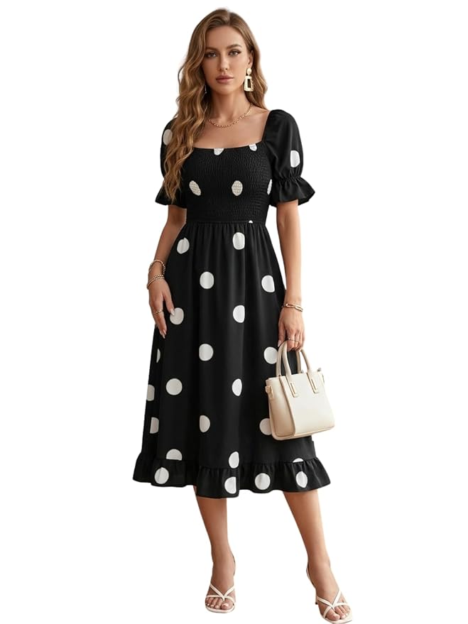 Leriya Fashion Dress for Women | Western Square Neck One Piece Dress for Woman midi | Casual Summer Dresses for Beach & Stylish Party Outifits Puff Sleeve