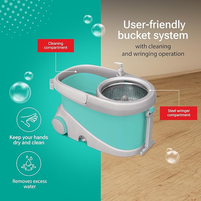Spotzero by Milton Prime Stainless Steel Wringer Spin Mop with Big Wheel, Puller Handle, Bucket Floor Cleaning and Mopping System 360° Flexible,2 Microfiber Refills, Big Size, Aqua Green