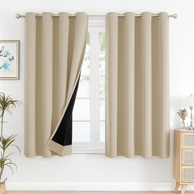 Cloth Fusion 100% Blackout Window Curtains 5 Feet Long Set of 2 | Iridesent White, Room Darkening, Black Woven Back, 4 inch Weighted Hem, Thermal Insulated, Stainless Steel Grommets