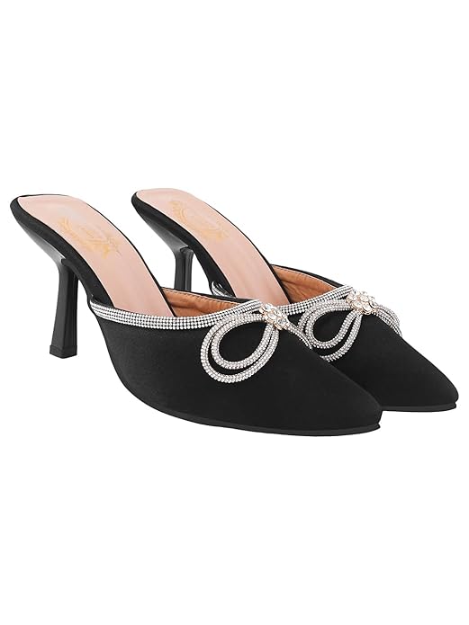 Shoetopia Women's Elegant Ivory Satin Mule Heels with Crystal Bow – Pointed Toe Slip-On Dress Rhinestone for Party or Evening Events