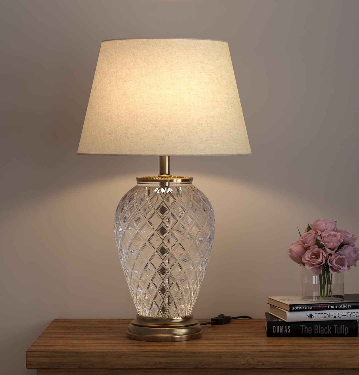 Divine Trends Glass Table LED Lamp Royal Brass Antique Finish Diamond Cut Glass Off White 14 inches Lampshade Bedside, Living Room, Bedroom, Home Decoration, Hotel Pack of 1 - Bulb Included