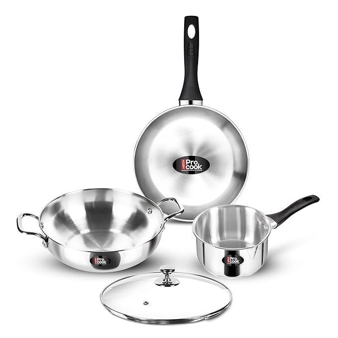 Milton Pro Cook Induction Cookware & Gas Stove Friendly Stainless Steel Sandwich Bottom 4 Pc Kitchen Set | Cooking Pan | Sauce Pan | Kadhai with Lid | Durable Cookware Set | 2 Year Warranty