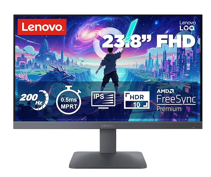Lenovo LOQ 24-10 | 23.8" (60.45cm) FHD (1920x1080) IPS 200Hz Gaming Monitor | 0.5ms, HDR10 Compliance, AMD FreeSync, 99% sRGB, 2xHDMI 2.1 TMDS, 1xDP 1.4| Tilt | Lunar Grey | 68F1GACBIN