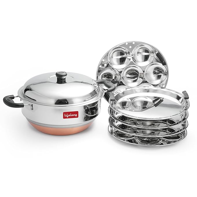 Lifelong Multi Kadai Steamer Set | 29cm, 2.5kg | Momo Maker 4.2Ltr | 5 Large Plates for Idli, Dhokla & Steamer | Induction-Friendly 3-Layer Thick Bottom (LLSSMK05, Stainless Steel)