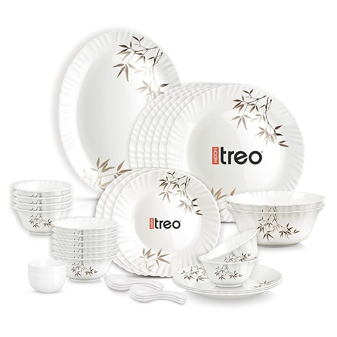 Treo by Milton Opalware Aurelia Arashi Dinner Set of 35 | Serving for 6 | Microwave & Dishwasher Safe | Bone-Ash Free | Tempered Toughness | Plates, Bowls, Spoons | Crockery Set for Dining & Gifting