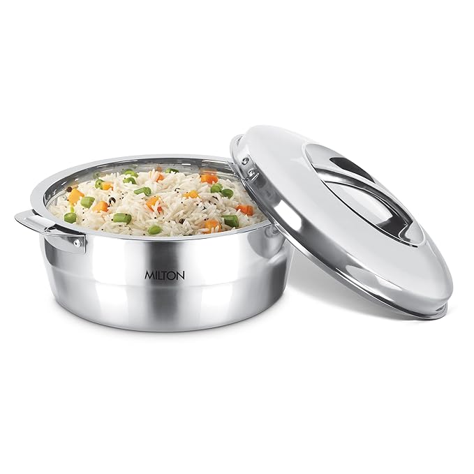 MILTON Empress 2500 Double-Walled Stainless Steel Casserole with Insulated Lid and Outer Locks, PU Insulated Hot & Cold Serving Bowl for Roti & Biryani, 2500 ml, Silver