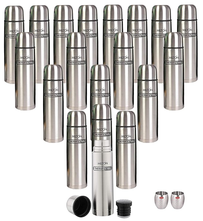 Milton Vaccum Flasks Thermosteel Steel Plain & Plain Lid Hot and Cold Water Bottle, 350 Ml, Set of 19, & 2 Pcs Hazel Stainless Steel Glass