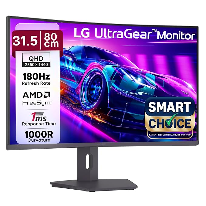 LG 32G600A 80cm (32 Inch) Ultragear Curved QHD (2560x1440) Gaming Monitor, 180Hz, 1ms(GtG), 3-Side Virtually Borderless, Anti-Glare, AMD FreeSync, DP, HDMI X 2, Tilt/Height/Swivel Adjustable (Black)