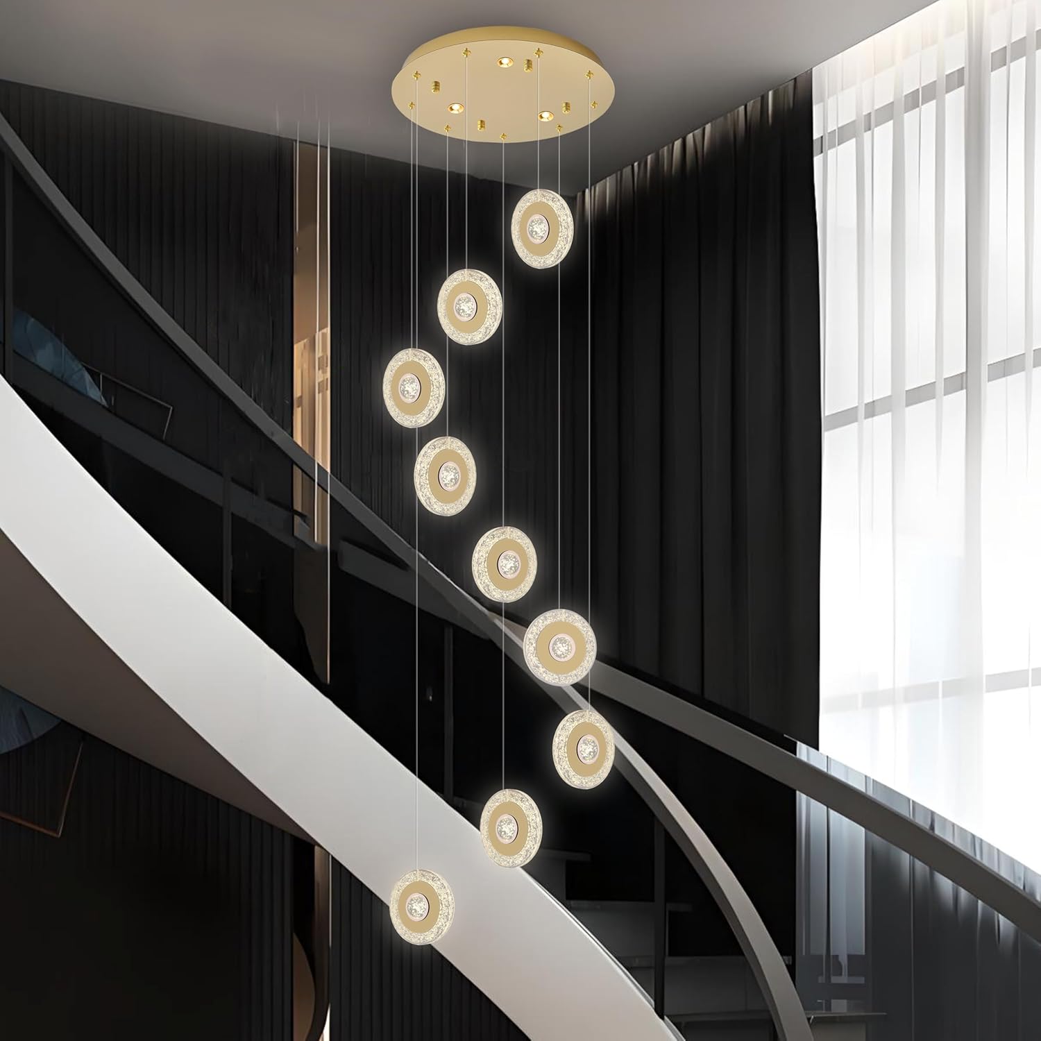 Smartway Meriza Crystal Chandelier, 60cm, 9 Lights | Double Height, Height Adjustable, 3 Light Modes, Luxury LED, For Living Room, Staircase, Dining Hall & Office