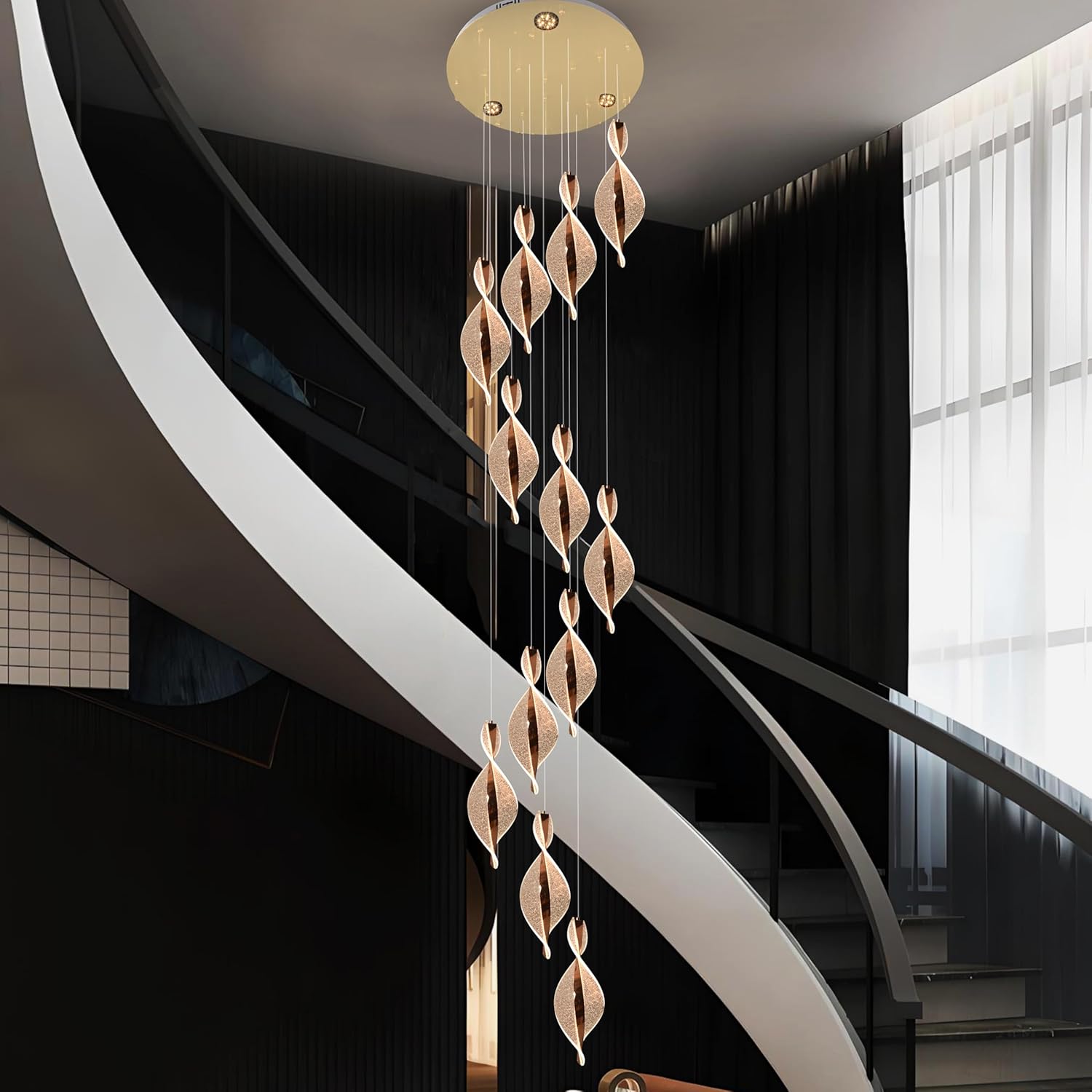 Smartway® Blume 120W Double Height Modern LED Chandelier | 60 Cm Luxury Spiral Leaf Design | Google & Alexa Voice Control | 3 Color Modes | Ceiling Chandelier for Living Room, Hall, & Dining Area