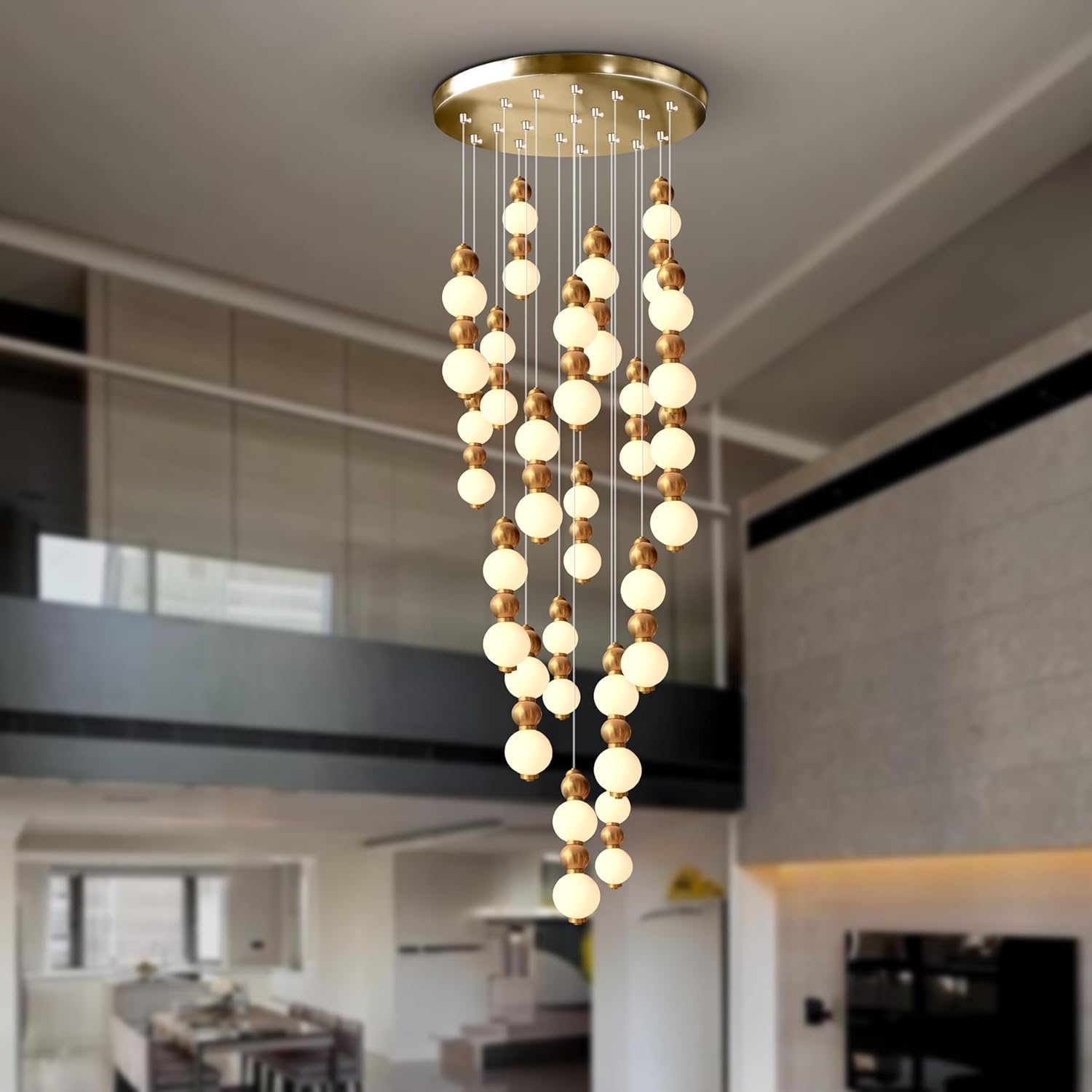 Smartway® Haelogen 85W Double Height LED Chandelier | 21 Hanging Globe Lights | Google & Alexa Enabled | Height Adjustable | Warm White Ceiling Chandelier for Living Room, Hall, Dining & Staircase