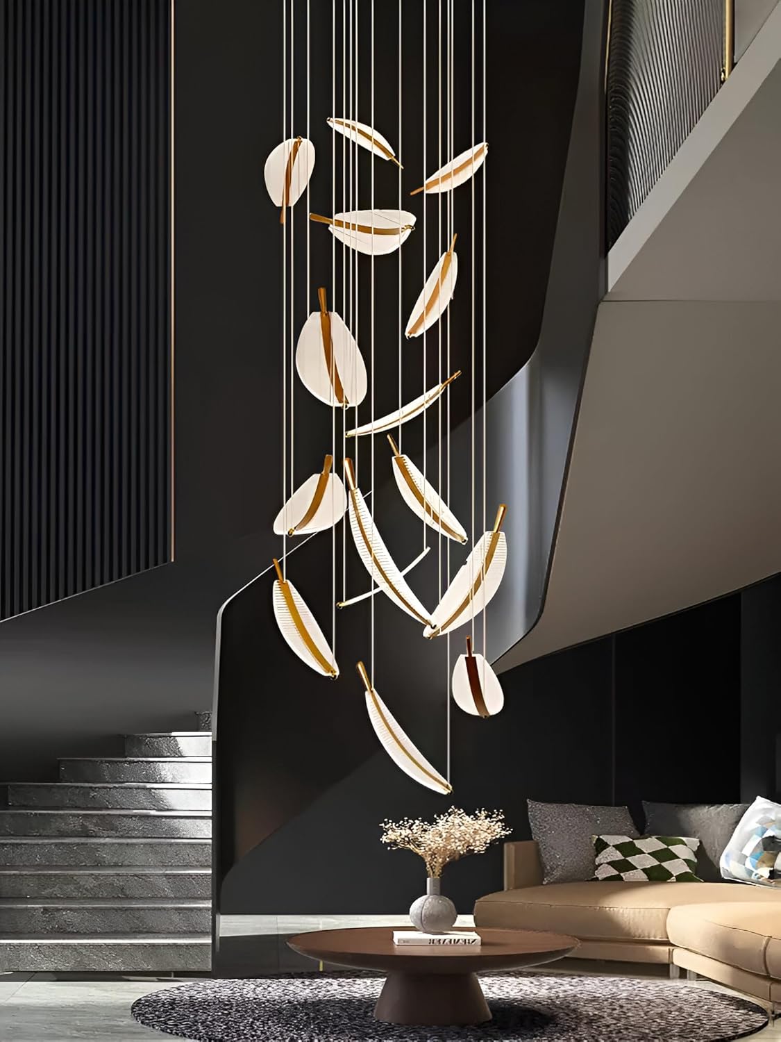Smartway® Winter 170W Double Modern LED Chandelier | 15 Hanging Leaf Lights | Google Alexa & App Control | 3 Color Modes | Height Adjustable Luxury Chandelier for Living Room, Staircase, Hall & Office