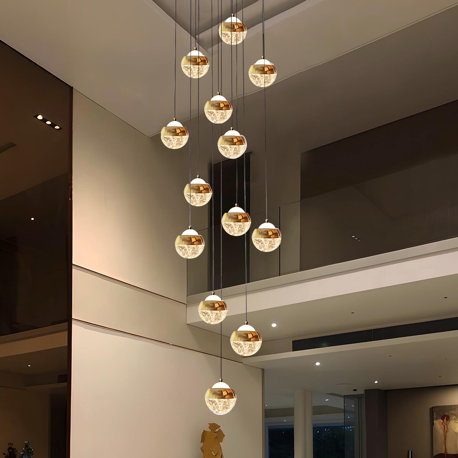 Smartway® Yulck Smart LED Double Height Chandelier | 16 Hanging Crystal Raindrop Lights | App, Google & Alexa Control | Warm White Luxury Ceiling Chandelier for Living Room, Hall, Staircase & Bedroom