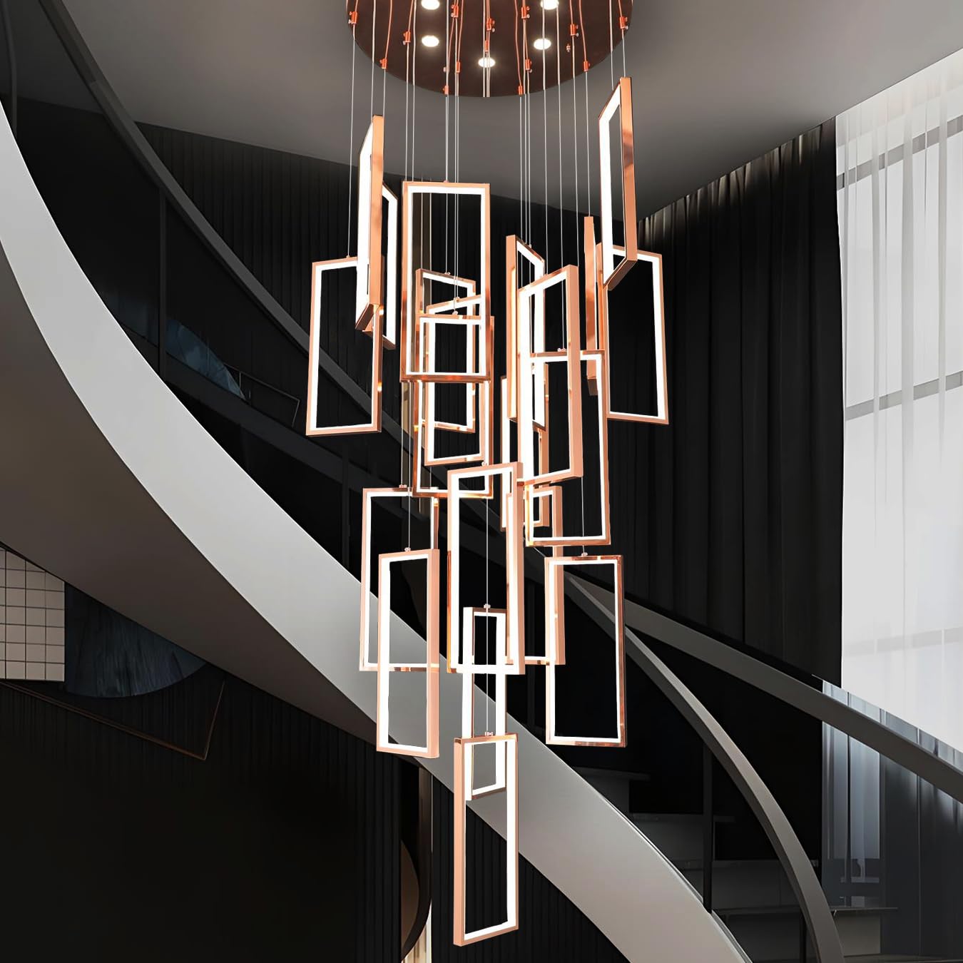 Smartway® Nevan 125 Watt Double Height LED Chandelier, Rectangular Smart Chandelier Lights for Living Room, Alexa & Google Compatible, Rose Gold Hanging Pendant Ceiling Light for Hall & Home Decor