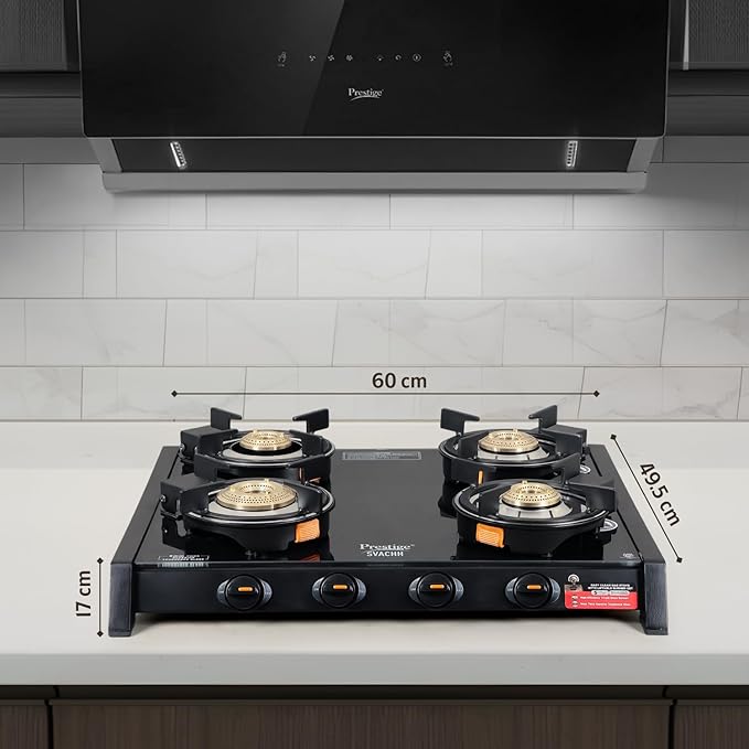 Prestige Svachh Glass Top Gas Stove with 4 Liftable Brass Burners for easy cleaning(GTSB-04)|Jumbo Brass Burner|Sturdy pan support|2 years warranty|5 years warranty on glass