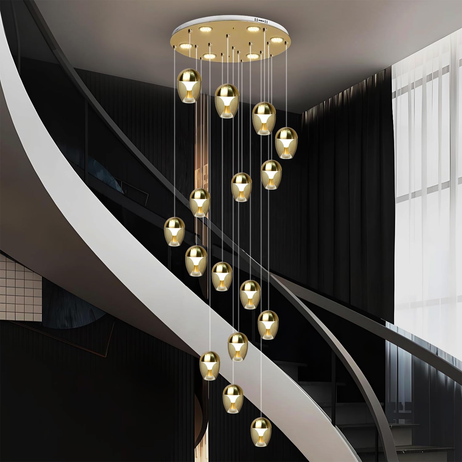 Smartway® 95W Twinkle Double Height LED Chandelier, Smart Chandelier Lights for Living Room, Alexa & App Control, 16 Light Pendant Jhoomar with Amber Crystal Gold for Lobby & Foyer