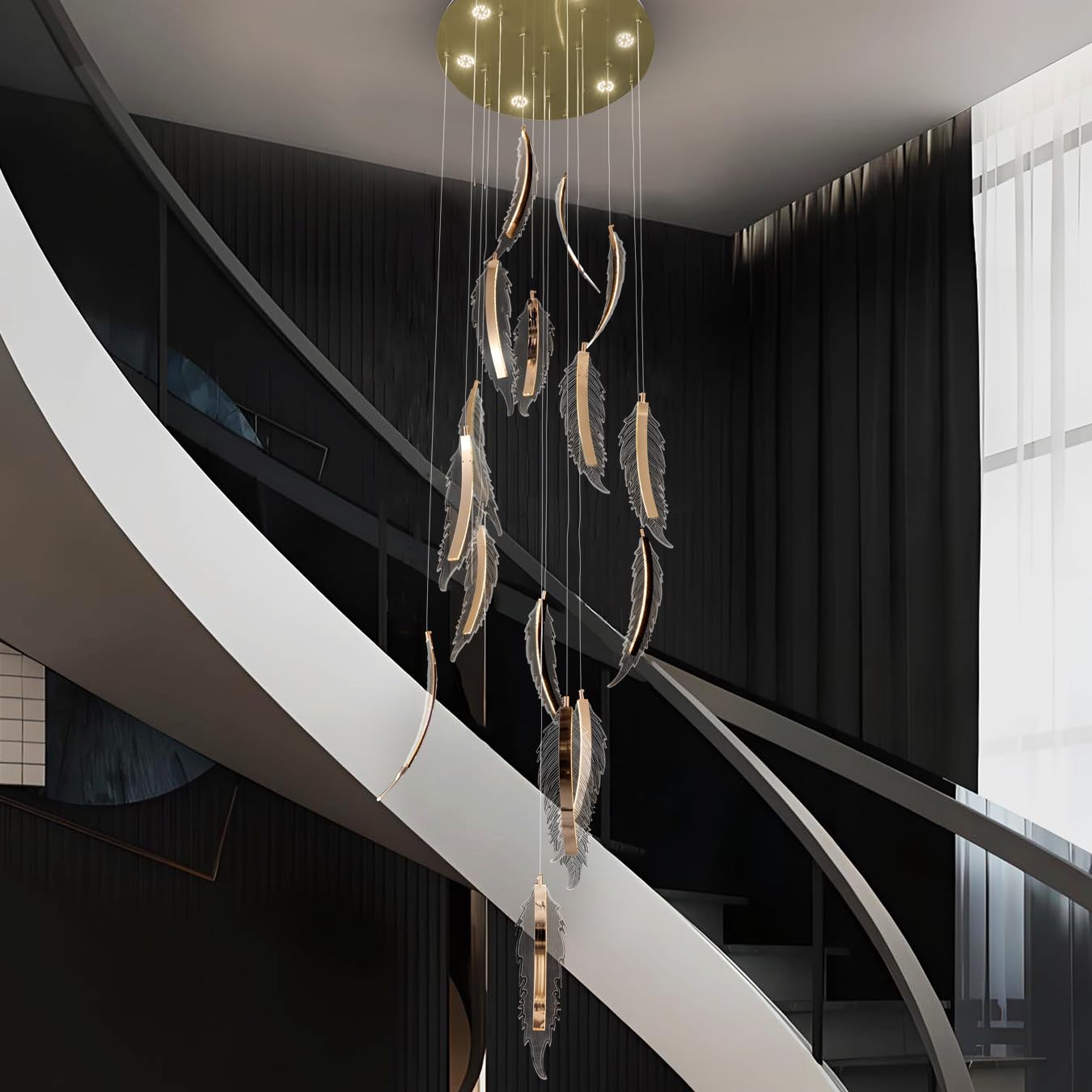 Smartway® Feather Leaf Double Height LED Chandelier | Luxury Feather Design Ceiling Light | Smart App,Google & Alexa Control | 3 Color Modes | Modern Chandelier for Living Room & Hall