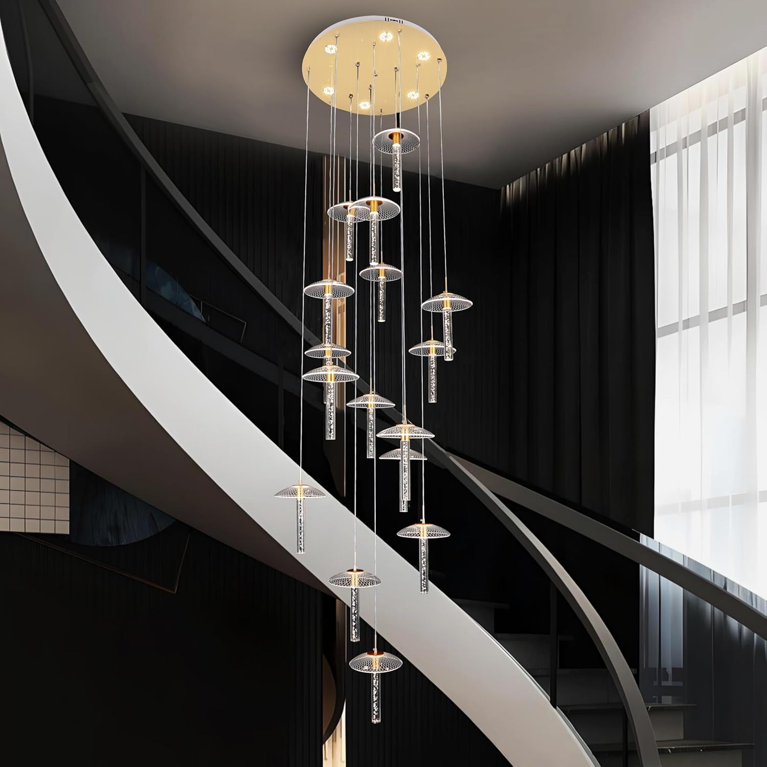 Smartway® Pauric 125W Double Height Modern LED Chandelier | Smart WiFi Ceiling Hanging Light | Google & Alexa Control | 3 Color Modes | Crystal Chandelier for Living Room, Hall & Duplex Homes