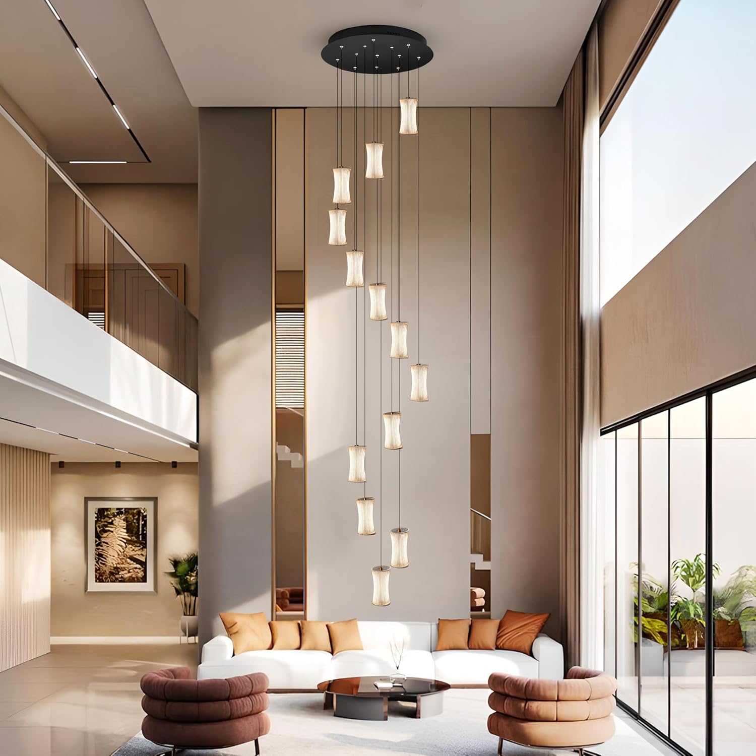 Smartway® Flynn 125W Smart LED Chandelier | Height Adjustable Double Height Ceiling Light | Works with Google & Alexa | 3 Color Modes | Modern Luxury Chandelier for Living Room, Dining, Hall & Bedroom