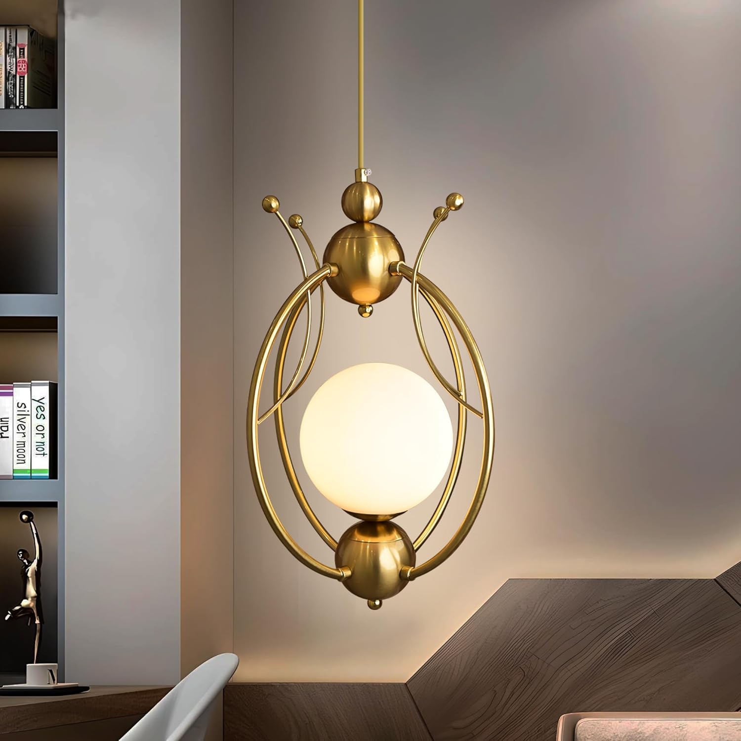 Smartway® Crown Modern LED Hanging Pendant Light | Golden Curved Metal Design with Frosted Orb Light | 3 Color Modes | Decorative Ceiling Pendant Lamp for Living Room, Bedroom, Dining, Café & Office