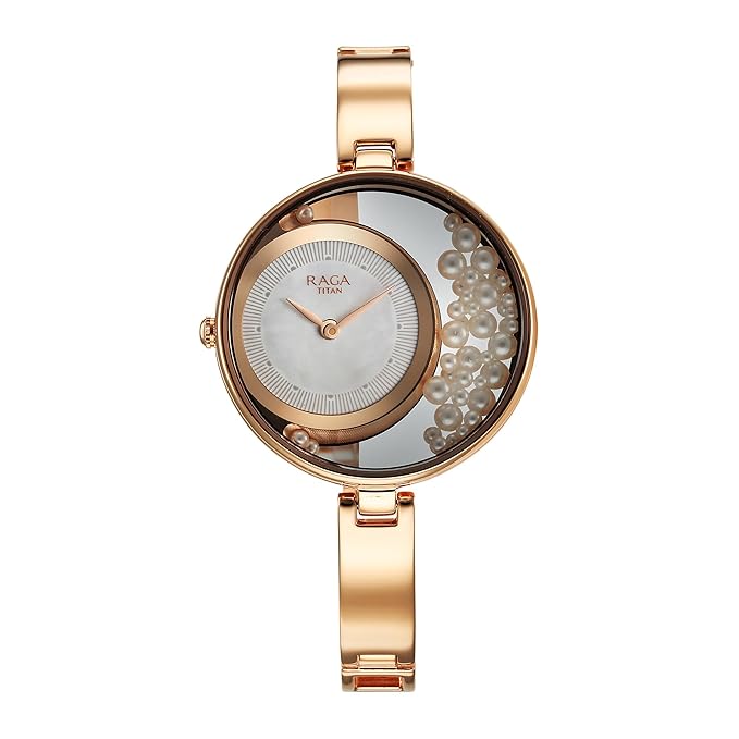 Titan Raga Power Pearls Quartz Analog White Dial Rose Gold Metal Strap Watch for Women - NT95224WM01F