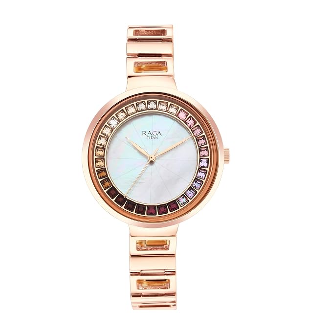 Titan Raga Love All Quartz Analog Mother Of Pearl Dial Rose Gold Metal Strap Watch for Women - NT95150WM01