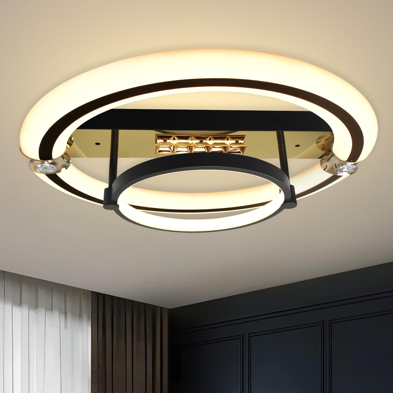 Smartway Encura 104W Modern LED Ceiling Chandelier 50cm, Dual Ring Halo Black Gold Design, Alexa Google Compatible Smart Chandelier, Luxury Lighting for Living Room Bedroom Dining Office