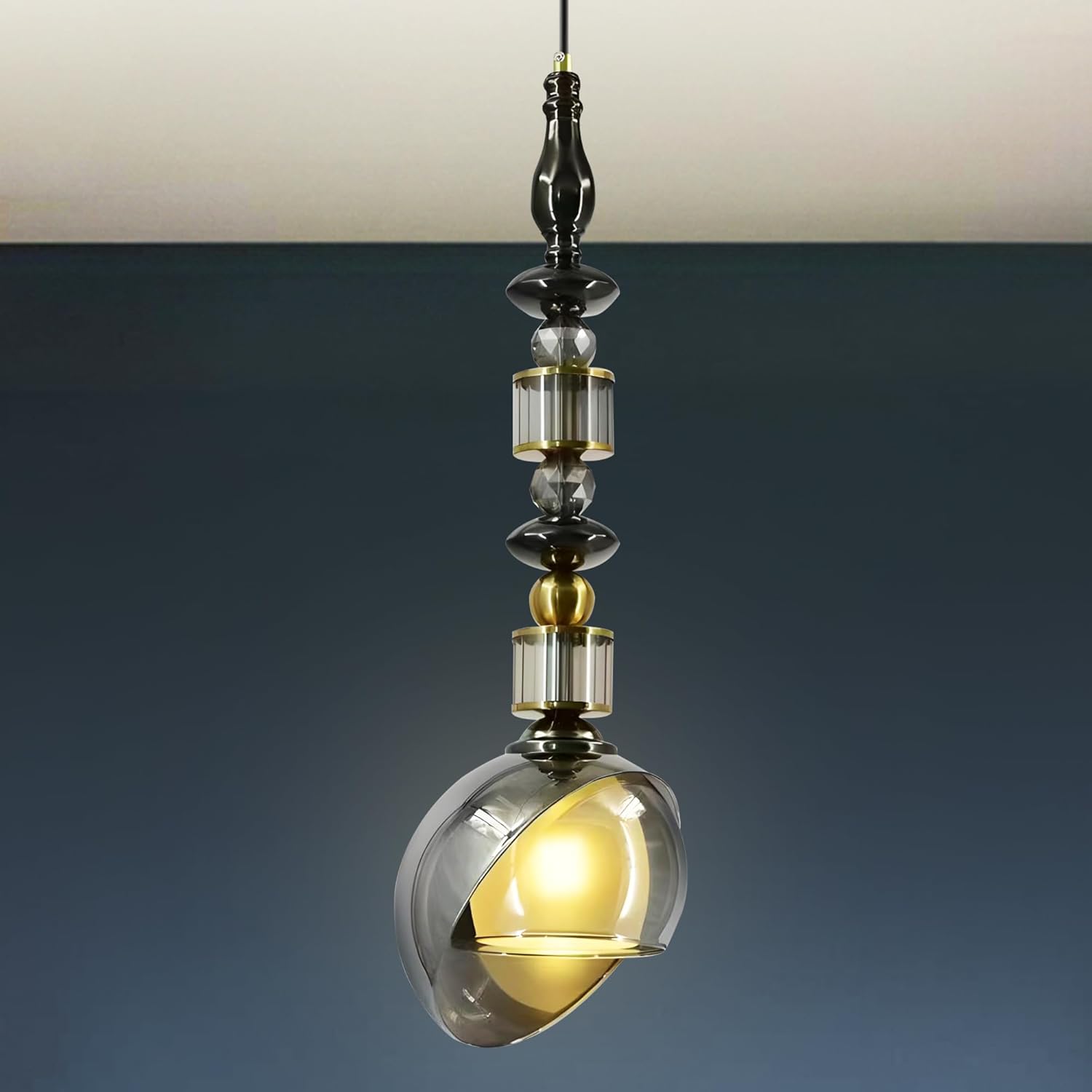 Smartway® Spire Black Pendant Light | Modern Crystal Glass Hanging Lamp | 3 Color Modes | Luxury Black & Gold LED Pendant Light for Living Room, Bedroom, Dining Table, Balcony & Office