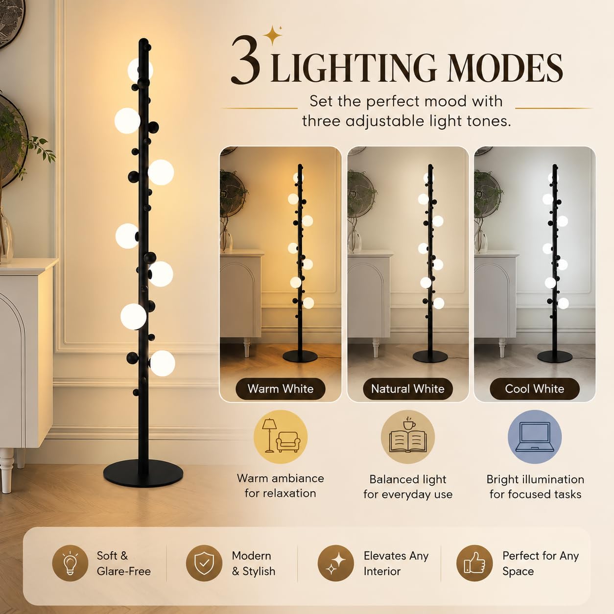 Smartway® Selvia Modern Designer Floor Lamp | Standing Lamp with 3 Light Modes | Elegant Globe Floor Light for Living Room, Bedroom, Office & Hotel Décor | Decorative Corner Lighting | 1-Year Warranty