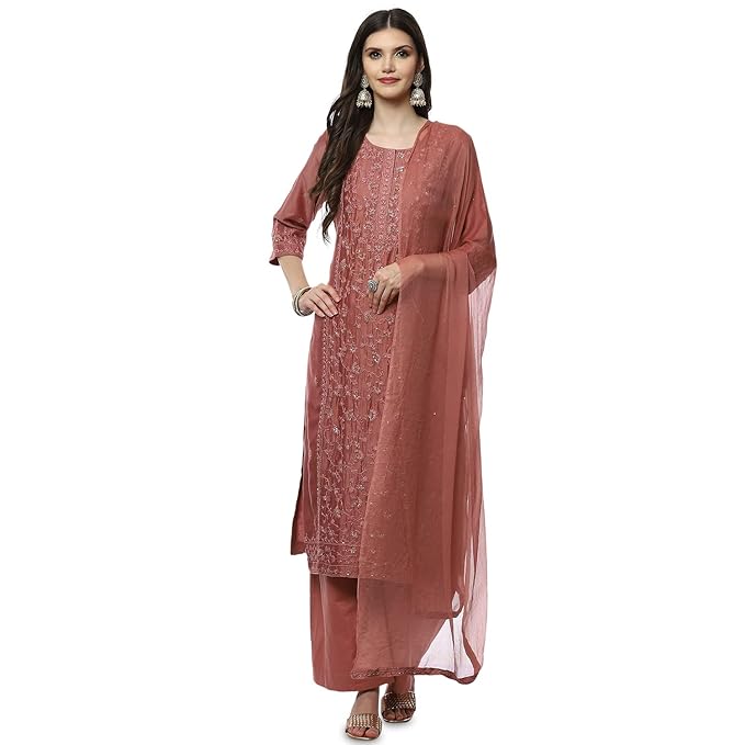 BIBA Women Cotton Straight Embroidered Suit Set