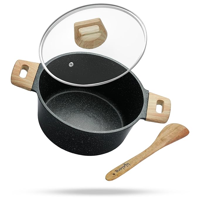 Lifelong Diecast Casserole 24 cm with Non-Riveted Wooden Handle, Glass Lid & Wooden Spatula | 4L Capacity Serves 4–6 | for Curries, Dal & Pulao | Induction & Gas Compatible | PFOA-Free Non-Stick
