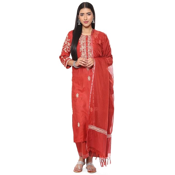 BIBA Women Cotton Straight Embroidered Suit Set