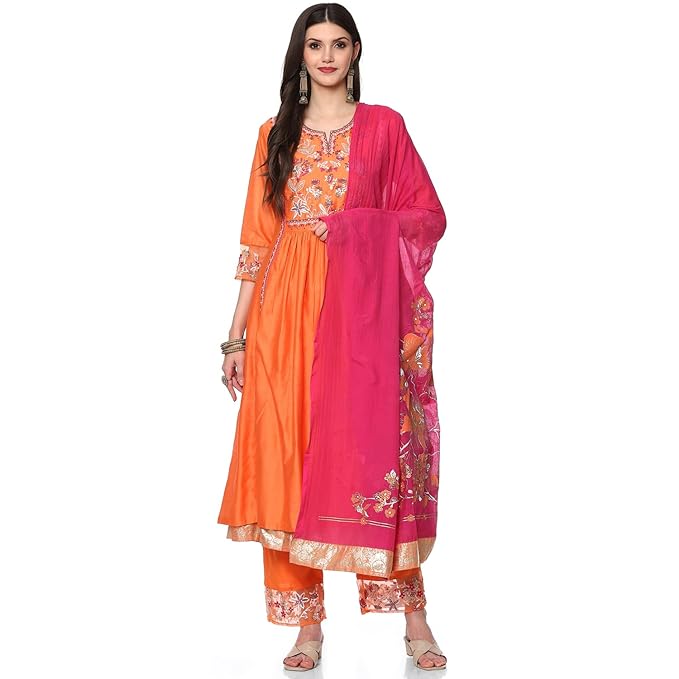 BIBA Women Cotton Gathered Embroidered Suit Set