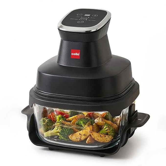 CELLO Airmate Modular Air Fryer with 5MM Borosilicate Glass Bowl 4L | 90% Less Fat Cooking, 1500W High Speed 360° Air Wave Technology | For Fry Bake Crisp Keep Warm, Cook Serve Store, Dishwasher Safe