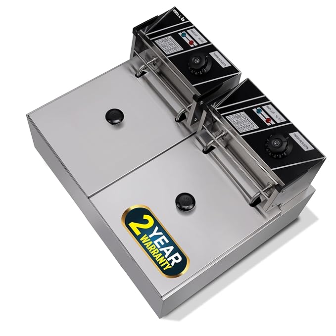 iBELL DF620M 12L Electric Deep Fryer | 2500W Stainless Steel Commercial Fryer | Double Tank & Basket | Adjustable Temperature Control | Tabletop Design | Silver | 2 Year Warranty