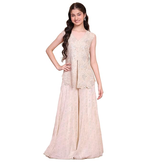 BIBA Embroidered Polyester Regular Formal Top with Palazzos