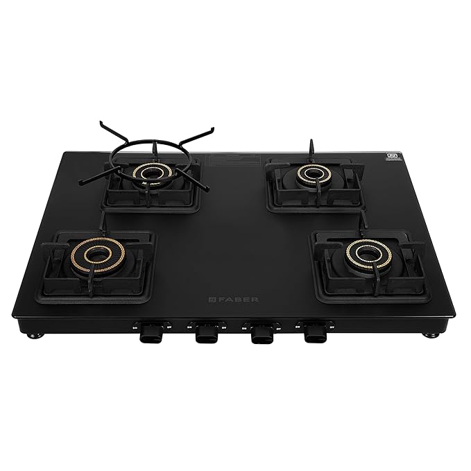 Faber Blossom Black Matt Glass Finish Cooktop| 4 Brass Burners-1Jumbo, 2Medium & 1Small |Manual Ignition | Heavy Pan Support With ABS Knobs | 5Yr Warranty on Glass & Burners by Faber| Blossom4BB BK CI