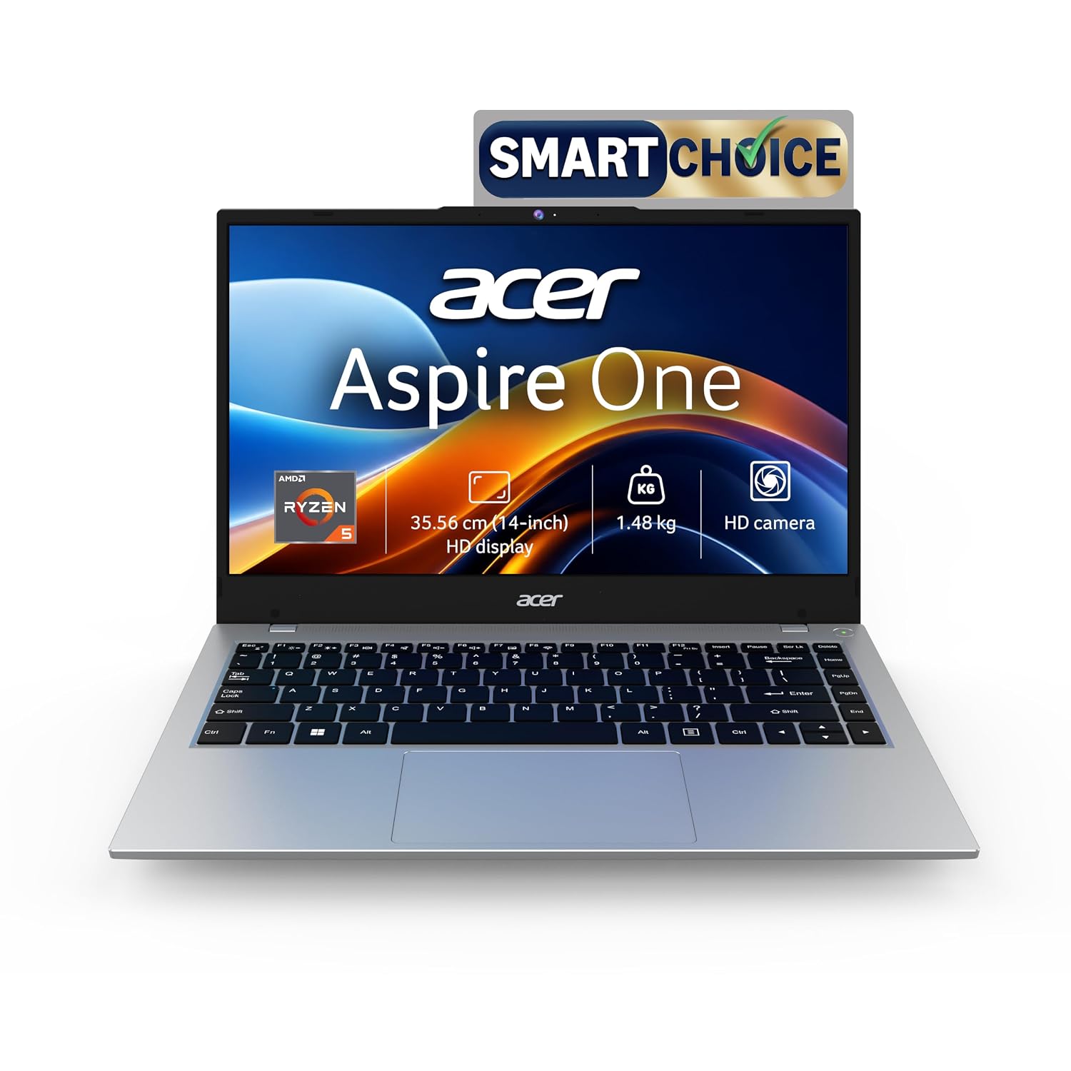 Acer Smartchoice Aspire One, AMD Ryzen 5-40, 8GB LPDDR5 RAM/ 512GB SSD, 14.0"/35.56cm WXGA Display, Win 11 Home, Pure Silver, 1.48KG, A114-43, Thin and Light Laptop