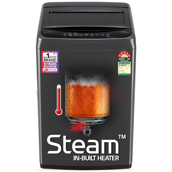 LG 9 Kg, 5 Star, Smart Inverter Technology, In-built heater with Steam, Fully Automatic Top Load Washing Machine (T90VBMB1S, Turbodrum, Stain Clean, LED Display, Smart Diagnosis, Middle Black)