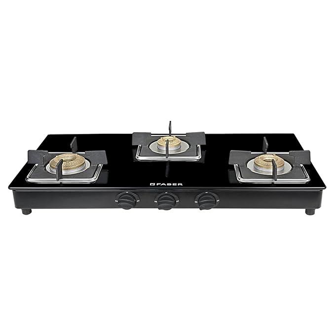 Faber Glass Top 3 Burner Gas Stove (Hob Cooktop Pearl 3BB BK) with Jumbo Burner, Diamond Coated Pan Support, Manual Ignition, Black