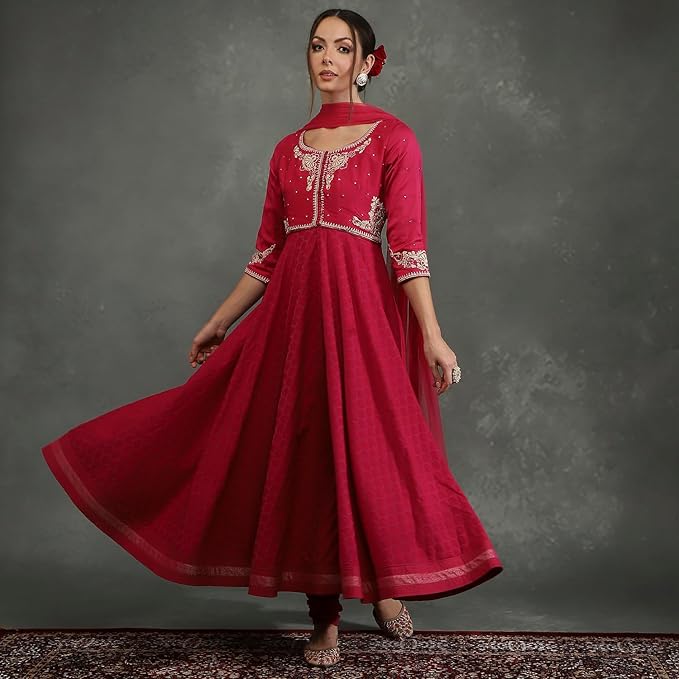 BIBA Women Silk Chanderi Anarkali Dyed Suit Set
