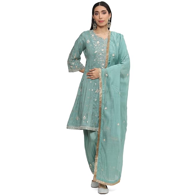 BIBA Women Cotton Blend A Line Embroidered Suit Set